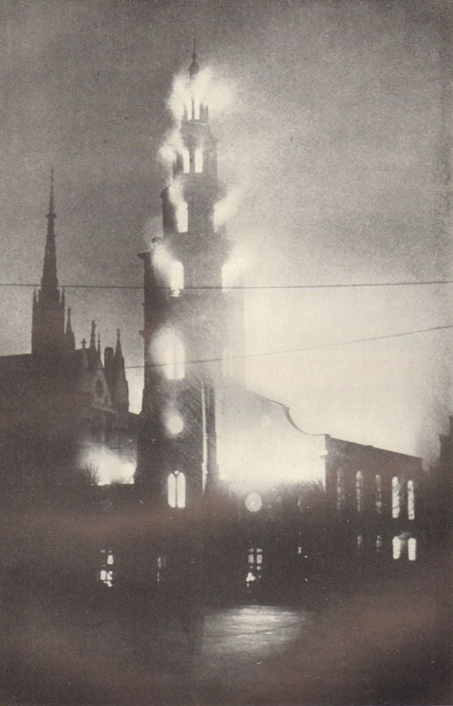 St Clement Danes church ablaze 10 May 1941. World War 2. London Blitz 1953